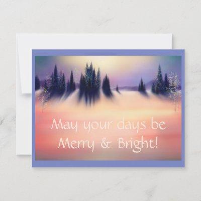Merry and Bright Snowy Winter Landscape Art Holiday Card