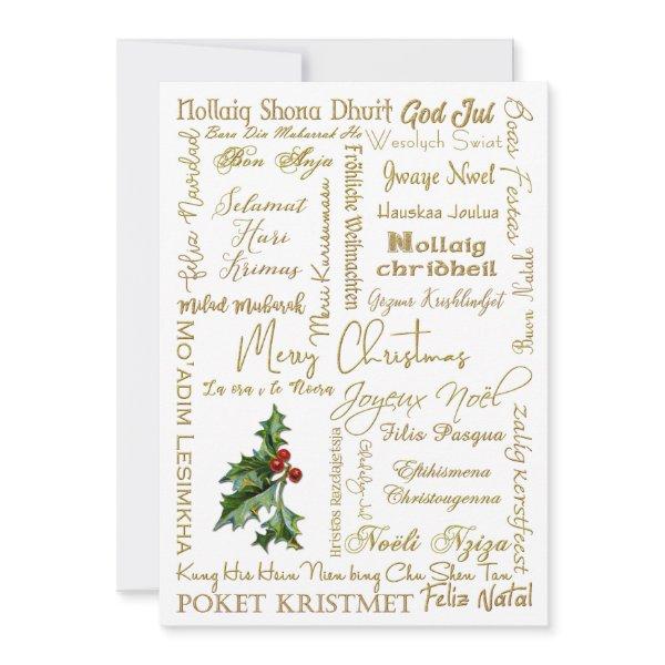 Merry Christmas Many Languages Gold Typography Holiday Card