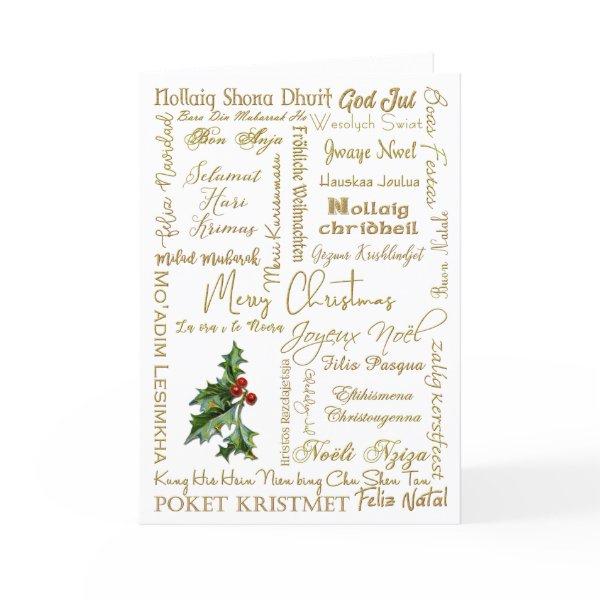 Merry Christmas Many Languages Gold Typography Holiday Card
