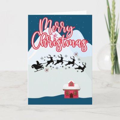 Merry Christmas Santa sleigh reindeers in snow Card