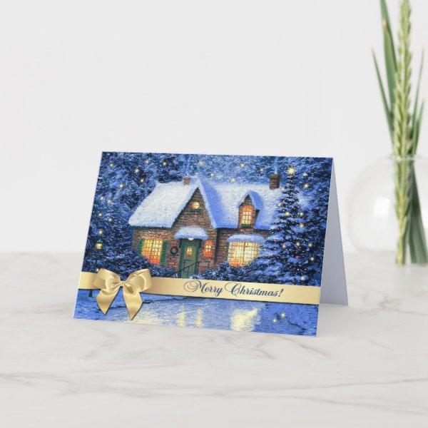 Merry Christmas. Snowy Village Painting Holiday Card