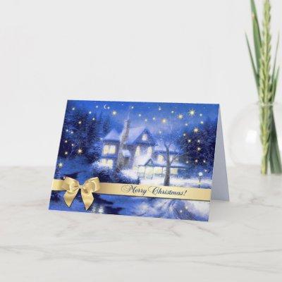 Merry Christmas. Snowy Village Scene Holiday Card