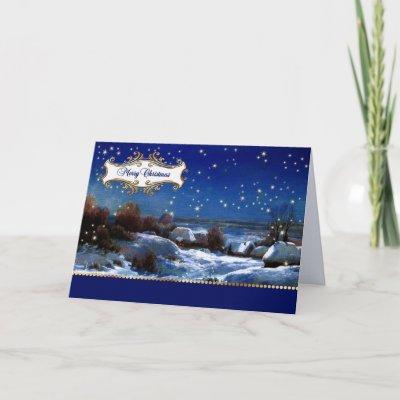 Merry Christmas. Vintage Snowy Village Painting Holiday Card
