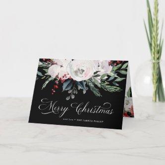 Merry Christmas | Watercolor Flowers on Black Holiday Card