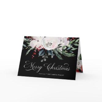 Merry Christmas | Watercolor Flowers on Black Holiday Card