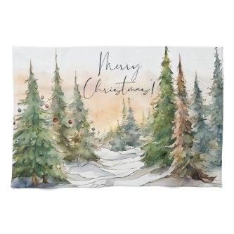 Merry Christmas Watercolor Pine Trees Kitchen Towel