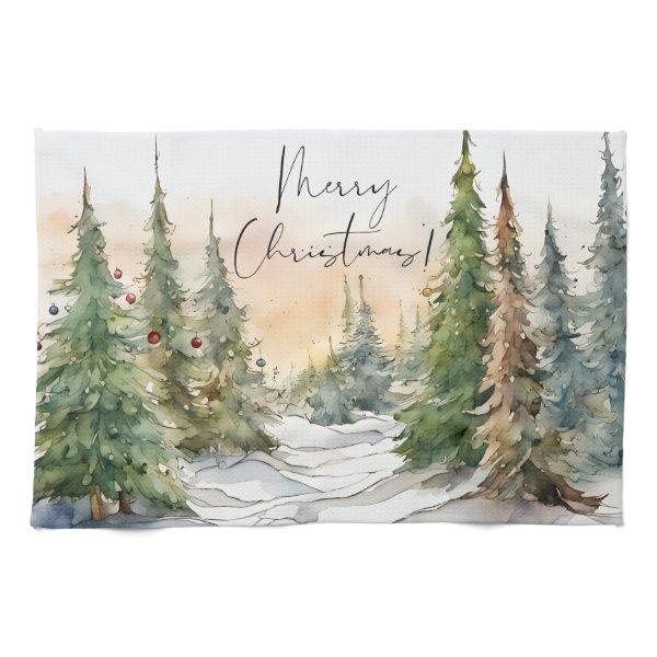 Merry Christmas Watercolor Pine Trees Kitchen Towel
