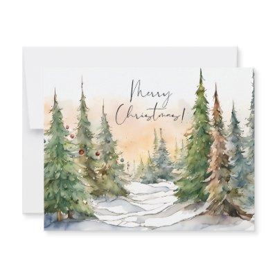Merry Christmas Watercolor Pine Trees Note Card