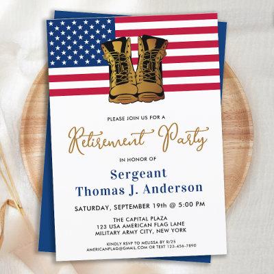 Military Retirement Party Gold Boots American Flag Invitation