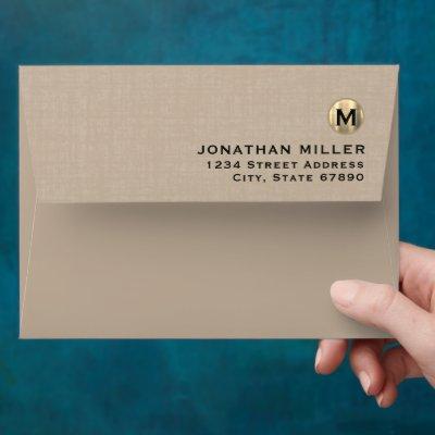 Minimal Beige Linen Gold Monogram Return Address Envelope