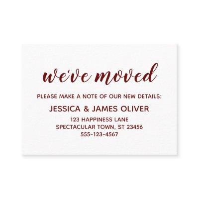 Minimal Burgundy on White "We've Moved" Card