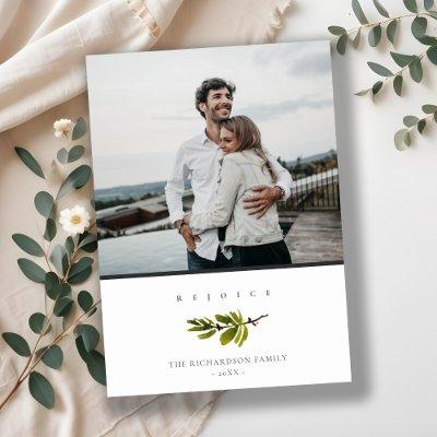 Minimal Clean Pine Branch Christmas Rejoice Photo Holiday Card