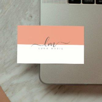 Minimal Coral Peach & white calligraph monogram Calling Card