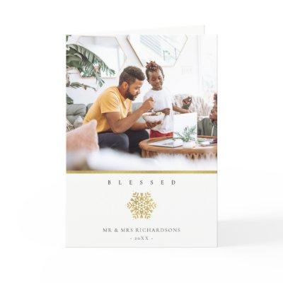 Minimal Elegant Gold Snowflake Photo Blessed Card