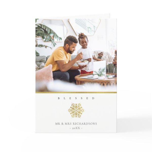 Minimal Elegant Gold Snowflake Photo Blessed Card