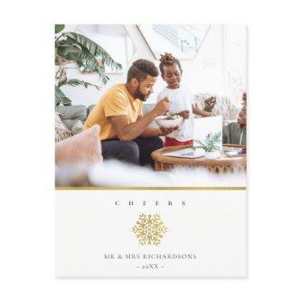Minimal Elegant Gold Snowflake Photo Cheers Holiday Postcard