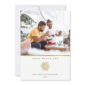 Minimal Formal Gold Snowflake Photo Love Joy Peace Holiday Card