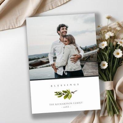 Minimal Pine Branch Christmas Blessings Photo Holiday Card
