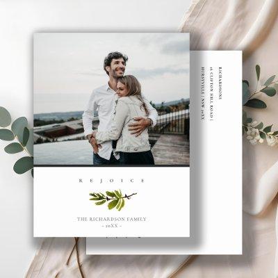 Minimal Pine Branch Christmas Photo Rejoice Holiday Postcard