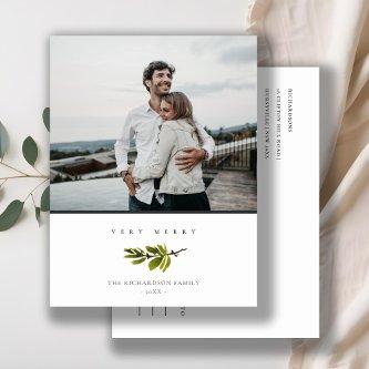 Minimal Pine Branch Christmas Photo Very Merry Holiday Postcard