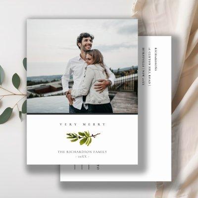Minimal Pine Branch Christmas Photo Very Merry Holiday Postcard