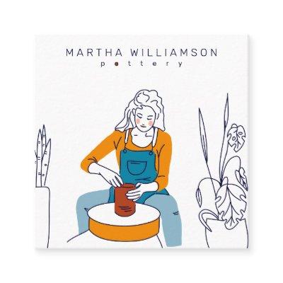 Minimal yellow blue woman illustration pottery square