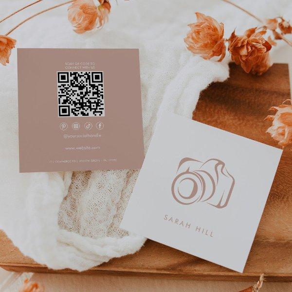 Minimalist Blush and White Photo Camera QR Code Square