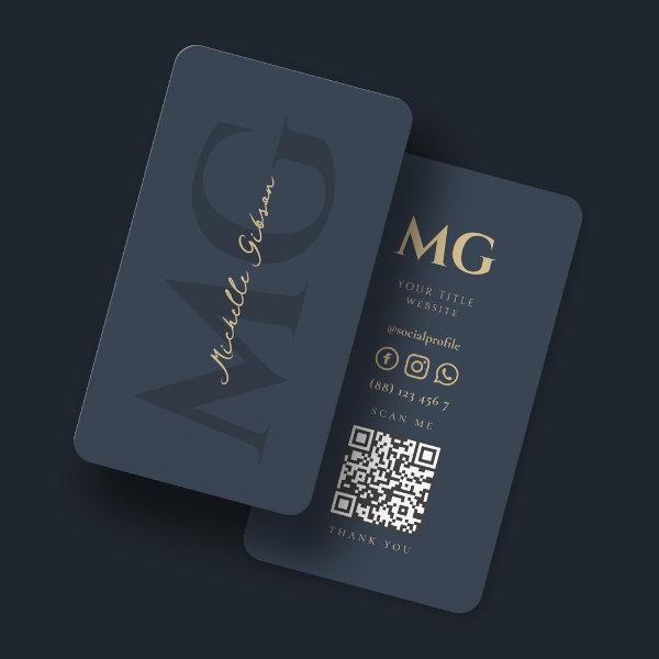 Minimalist Elegant Monogram Dark Blue QR