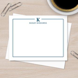 Minimalist Initial Navy Blue Two Border Stationery Note Card