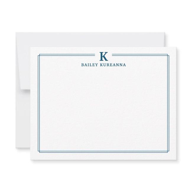Minimalist Initial Navy Blue Two Border Stationery Note Card