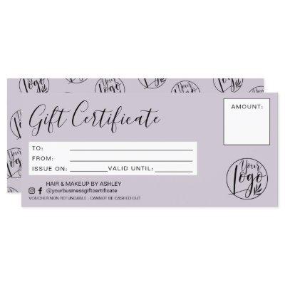 Minimalist lavender white gift certificate logo
