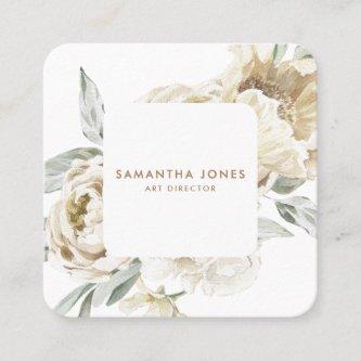 Minimalist Modern White Peonie Floral Watercolor Calling Card
