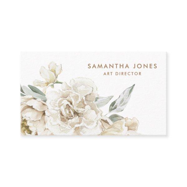 Minimalist Modern White Peonie Floral Watercolor Calling Card