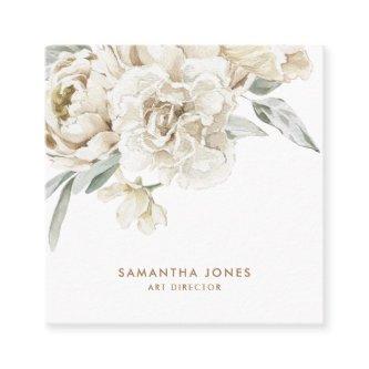 Minimalist Modern White Peonie Floral Watercolor Calling Card