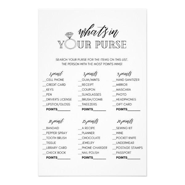 Minimalist what's in your purse bridal shower game flyer