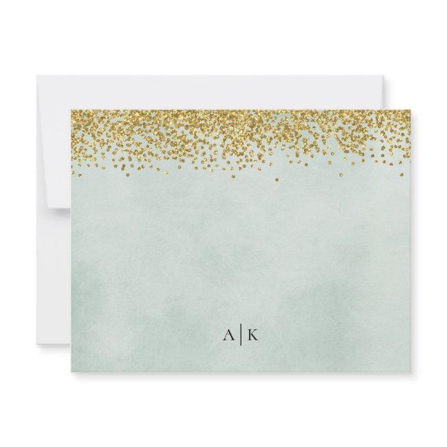 Mint and Gold Confetti Monogrammed Stationery Note Card