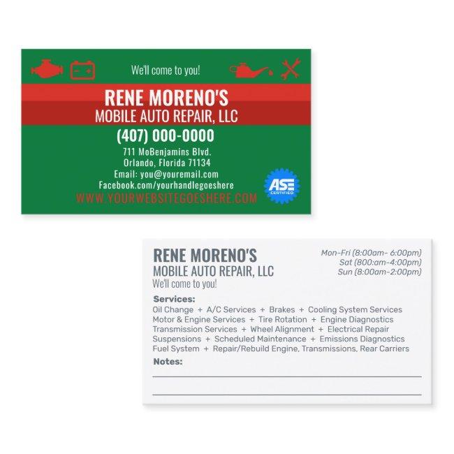 Mobile Automobile Car Repair Mechanic 2 Sided Busi