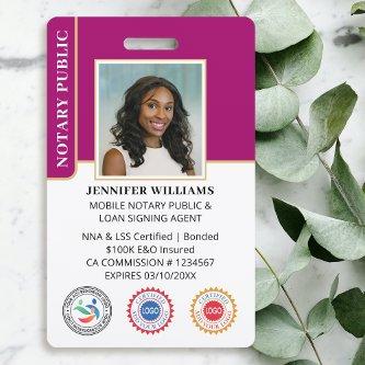 Mobile Notary Public Photo QR Code ID Magenta Badge