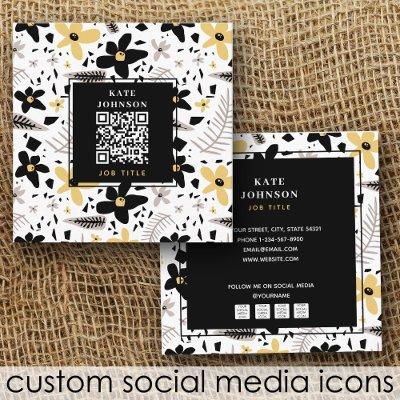 Modern Abstract Black Yellow Gray Floral QR Code Square