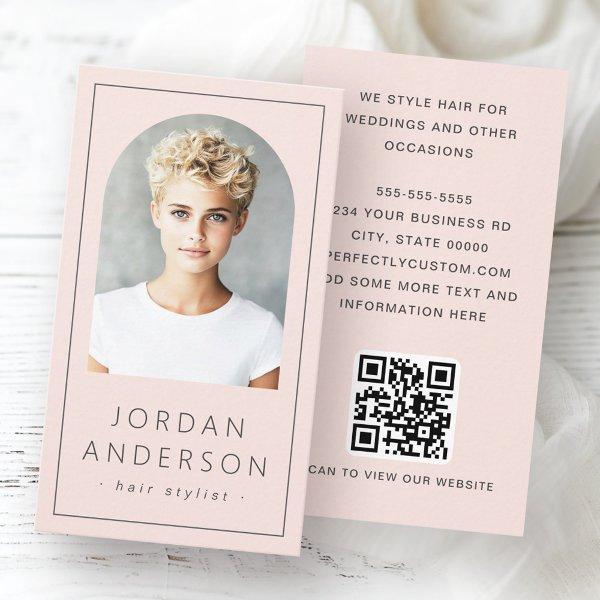 Modern arch photo thin border QR code light pink