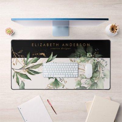 Modern Black Blush Gold Eucalyptus Corporate Large Desk Mat