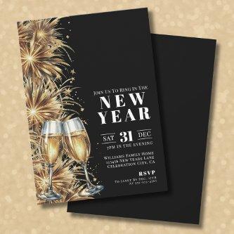 Modern Black Gold Champagne New Year's Eve Party Invitation
