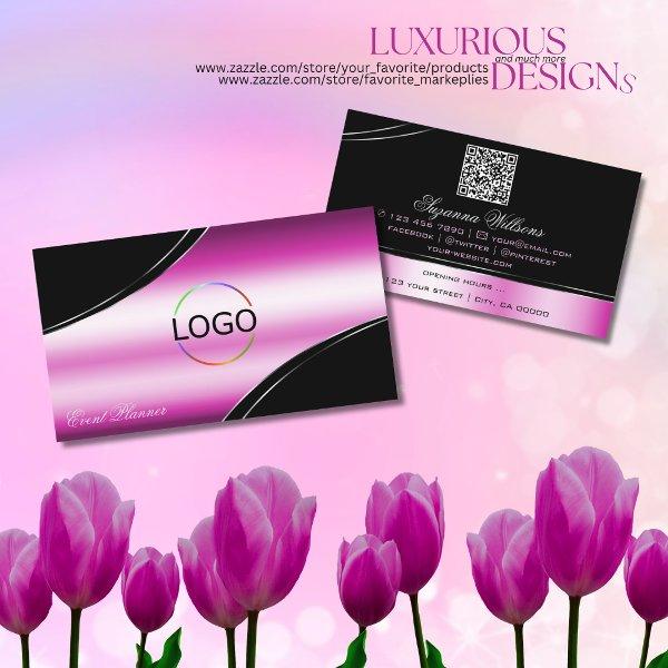 Modern Black Pink Curved Decor Lines Logo QR Code