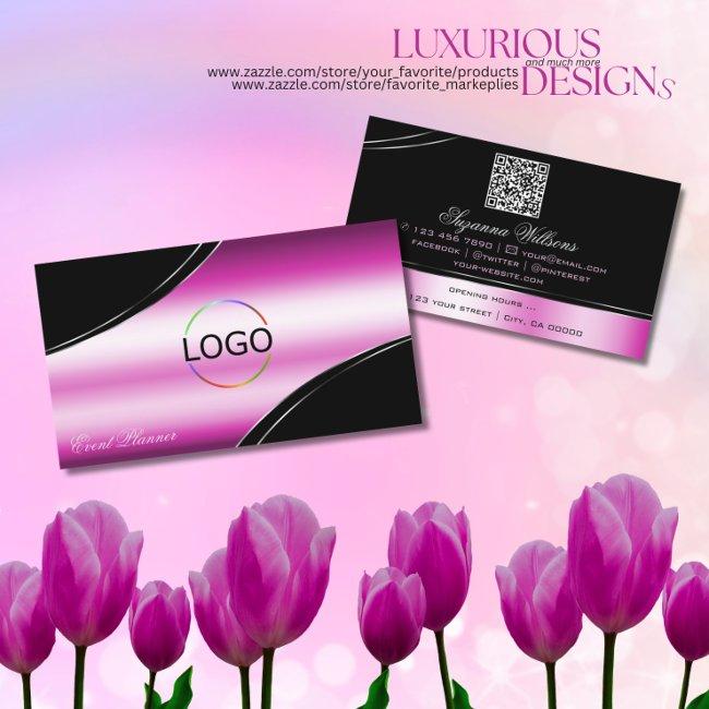 Modern Black Pink Curved Decor Lines Logo QR Code