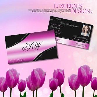 Modern Black Pink Curved Lines Monogram and Photo