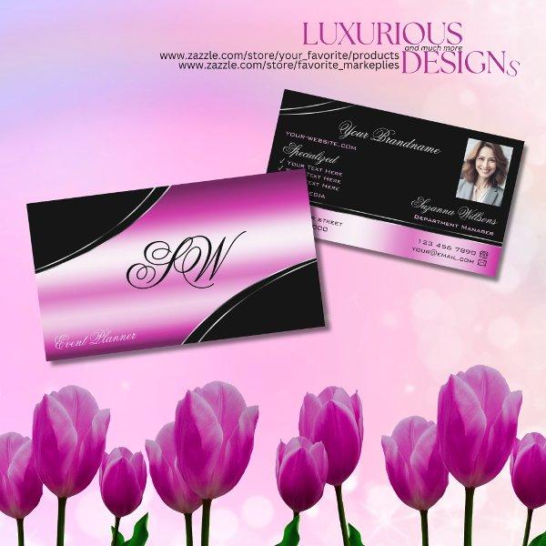 Modern Black Pink Curved Lines Monogram and Photo