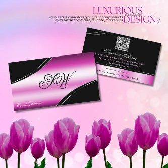 Modern Black Pink Curved Lines Monogram QR Code