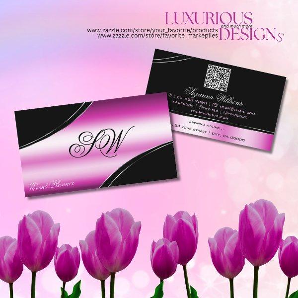 Modern Black Pink Curved Lines Monogram QR Code