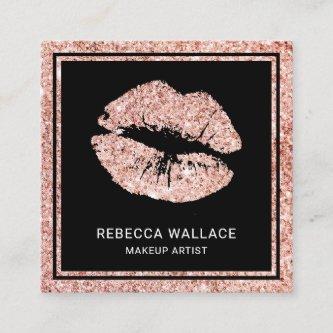 Modern Black Rose Gold Glitter Lips Makeup Artist Square