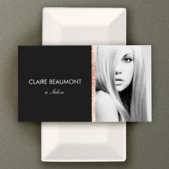 Modern Black Rose Gold Sequin Salon Photo Card